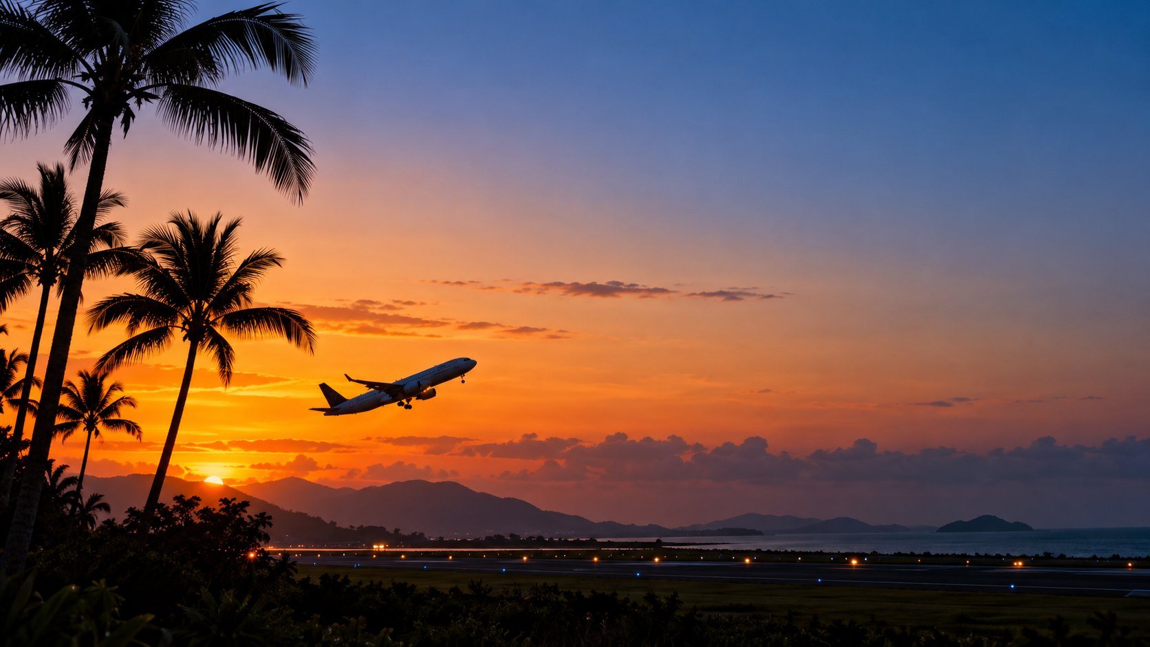 夕焼けの空へ、ヤシの木の向こうから旅客機が飛び立つ風景